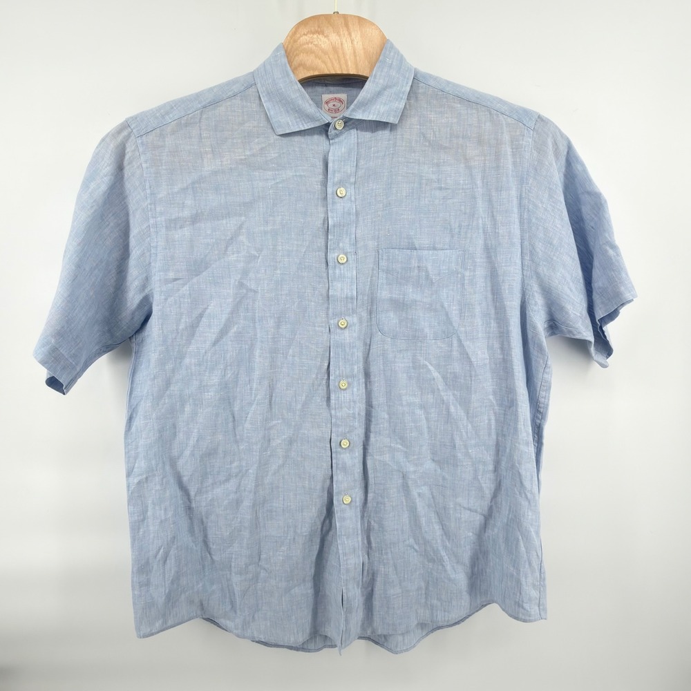 Brooks Brothers Button Front Shirt Mens XL Blue Irish Linen Short Sleeve